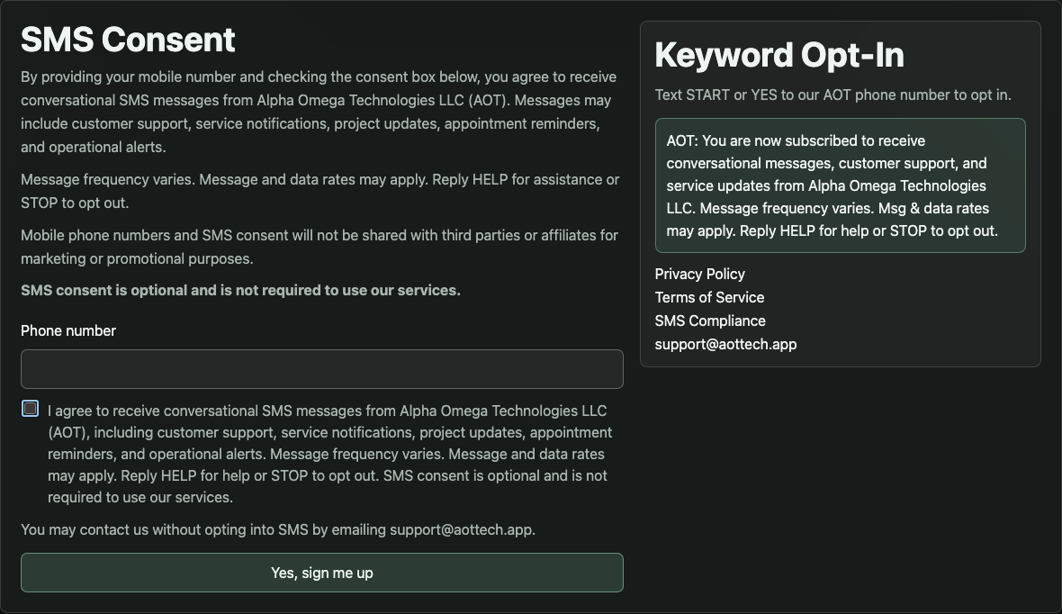 Desktop SMS opt-in page with checkbox unchecked by default