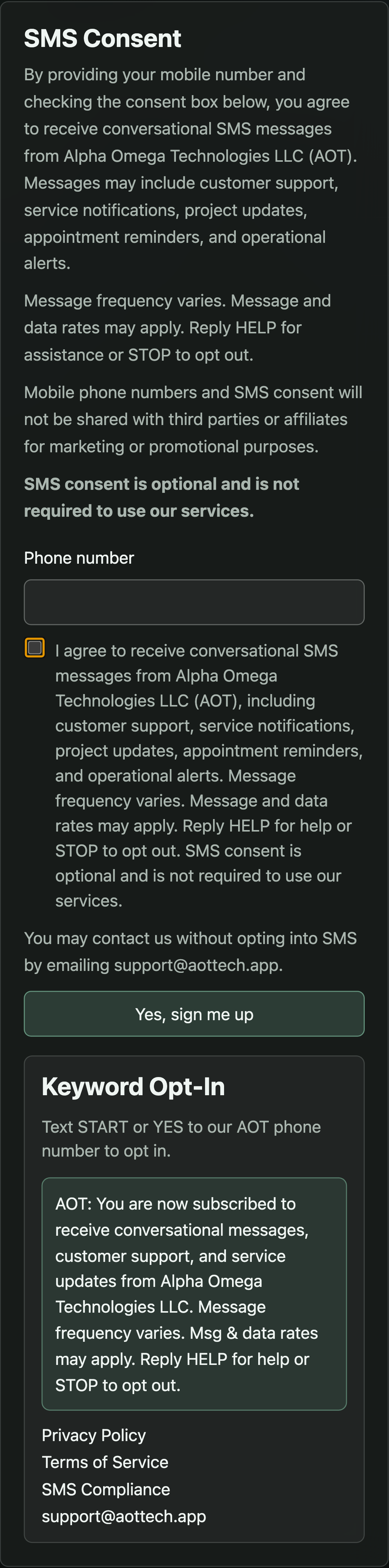 Mobile SMS opt-in page with checkbox unchecked by default